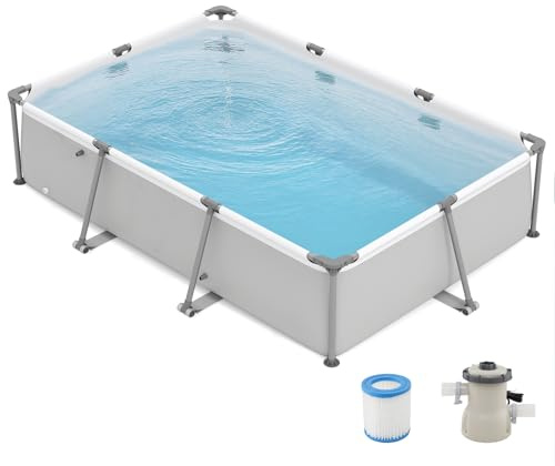 SOARS Rechteckiger Schlauchpool, aufblasbarer Freistehender Pool 300 X 207 X 66 CM, Metallstruktur, beständiges PVC, mit Pumpe und Filter, Grau