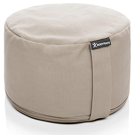 BODYMATE Extra-Hohes Yogakissen rund 31cm Durchmesser 20cm hoch Leinen-Grau hell, Buchweizen-Spelz Füllung, Maschinenwaschbarer Bezug 100% dicker Baumwolle, Meditationskissen, Sitzkissen, Bodenkissen