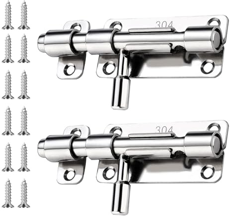 SMLOPLOM Türriegel, 2 Stück Schieberiegel, Edelstahl Schiebeschloss, Rostfrei und Korrosionsbeständig Riegelschloss, für Türen und Fenster, Silber