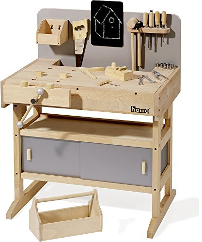 howa Massive Werkbank Kinder Holz Kinderwerkbank mit 32 TLG. Werkzeug 4900 | XXL Kinder Werkbank mit Werkzeugkiste und Werkzeugen, aus Hartholz, verstellbare Arbeitshöhe von 58 bis 73cm