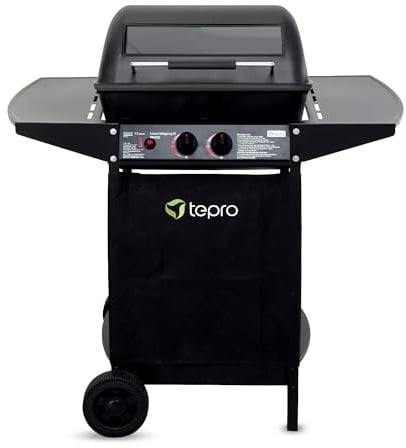 tepro Lavastein Gasgrill Irvine mit max. 5,4 kW Leistung, Edelstahl-Doppelbrenner, inklusive Lavasteine, Piezozündung im Drehregler, Grillwagen mit Rädern, Maße ca. 94 x 51 x 102 cm, Schwarz