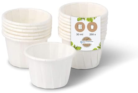 BIOZOYG 250 St. kleine Schälchen für Dips, Saucen, Fingerfood, Marmelade I Mini Portionsbecher 30 ml rund weiß I Party Portionsschälchen Papierbecher mit Biobeschichtung 100% biologisch abbaubar