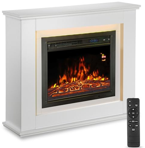 Juskys® Elektrokamin 1000/2000 W mit Heizung, Kaminfeuer, Flammeneffekt, Fernbedienung, LED Beleuchtung & Timer - Elektrischer Kamin Standkamin weiß