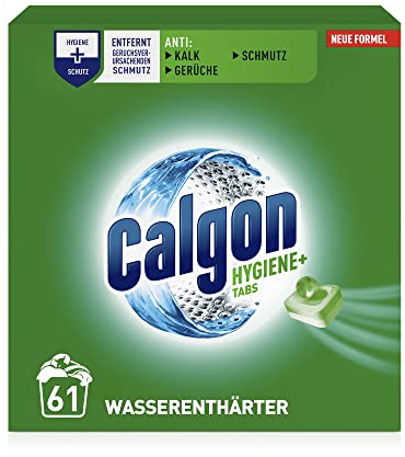 Calgon Hygiene+ Tabs – Waschmachinen-Entkalker gegen Geruch, Schmutz und Korrosion – Wasserenthärter mit Hygieneschutz – 1 x 61 Tabs