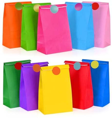 HAMOHTE Papiertüten Bunt, 50 Stück Geschenktüten Kindergeburtstag Klein | mit 60 Aufkleber, Kraftpapier Geburtstagstüten Kinder, Mitgebsel Tüten Gift Bag für Party, Geschenk, Geburtstag, Feiern