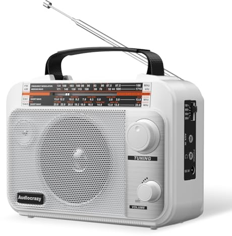 Audiocrazy UKW FM/AM/SW1-2 Radio Tragbares Radio Weltempfänger Radios mit 1800mAh Rechargeable Batterie, AC Kabel oder Batteriebetrieben, Multiband Kurzwellenradio AUX/Kopfhöreranschlus Weiß