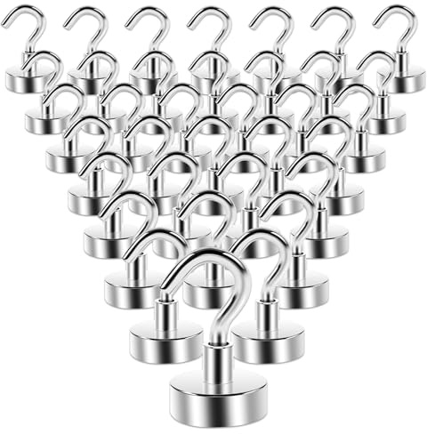 Anelueeoo 35 Stück Magnethaken Extra Stark 16mm Neodym Magnete mit Haken Magnetische für Küchen Camping Grill Büro Outdoor und Kreuzfahrt Zubehör Silber