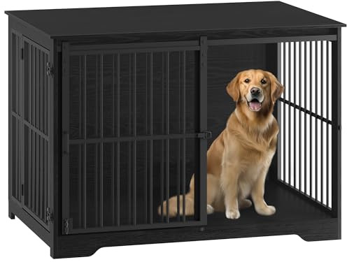 Hzuaneri Hundekäfig Möbel, 110 cm Hundebox Möbel, 2 Türen, Schwarz | Moderne Hundekäfig Indoor für kleine/mittlere/große Hunde, Beistelltisch, Verstärkte Schiebetür, 110 × 65 × 81 cm, DFC84404B