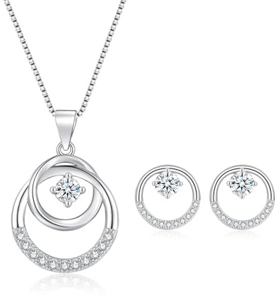 Cangall Schmuckset Silber 925 Damen, 925 Sterling Silber Halskette & Ohrstecker Set mit Cubic Zirkonia, 45+5cm Silberkette mit Anhänger, 11mm Silber Damen Ohrstecker, Geburtstag Geschenk für Frauen
