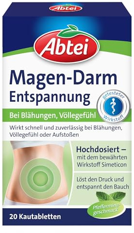 Abtei Magen Darm Entspannung - bei Blähungen, Völlegefühl und Aufstoßen - hochdosiert - mit Simeticon - Pfefferminzgeschmack - 1 x 20 Kautabletten