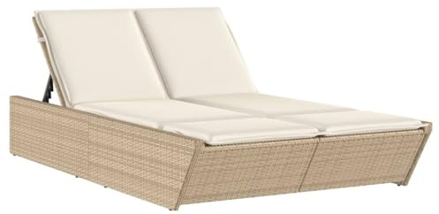 vidaXL Doppel-Sonnenliege mit Auflagen Beige Poly Rattan