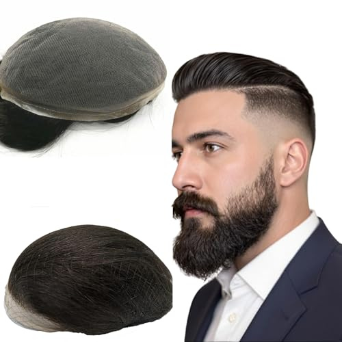 N.L.W. Echthaar Toupet für Männer, Vollspitzen Haarsystem für Männer Schweizer Spitzen Toupet Europäische Herren Toupet Echthaar 10 x 8 (#1 Tiefschwarz)