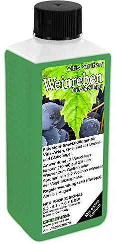 GREEN24 Weinreben Dünger - Spezialdünger für Vitis Vinifera - Weinstock, Weintrauben, Weinpflanzen als Kletterpflanzen an Pergola, Spalier, in Beet & Kübel - NPK Flüssigdünger 250ml Konzentrat