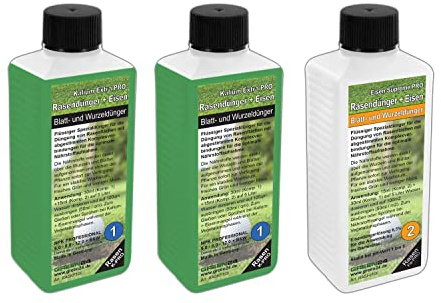 GREEN24 Rasen-Dünger Herbst- und Winter Set Flüssig NPK mit extra Kalium & Eisen - Hochwirksames Konzentrat 3×250 ml für bis zu 1600 m² - Schnell sichtbare Grün Vitalisierung in Profi Qualität