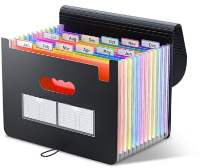 ThinkTex Ordner A4/Dokumentenmappe,12 Fächern Sortiermappe Fächermappe Datei Organizer mit Gummizug und Verschlußknopf,A4 Dokumententasche Aktenmappe Ordnungsmappe mit bunten Labeln