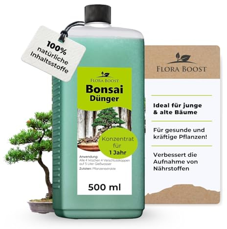 Konfitee Bonsai Dünger Flora Boost 500ml I Für bis zu 100L Gießwasser I Für Junge & alte Bäume geeignet I Flüssiger Blatt- & Wurzeldünger I 100% natürlicher Pflanzendünger