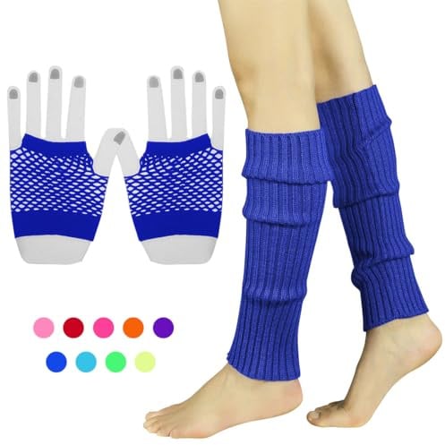 INGJIA Fischnetz Handschuhe,Elastische Neon Beinstulpen und Netzhandschuhe Set 80er Jahre Kostüm Zubehör(Blau 2)