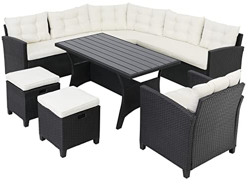 CASARIA® Polyrattan Ecklounge Set für 9 Personen Schwarz | Ecksofa, Sessel, 2 Hocker, inkl. Sitzauflagen, Kissen, WPC Esstisch, Wetterfest, Lounge, Garten, Terrasse, Outdoor, Möbel