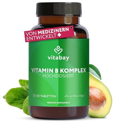 Vitabay Vitamin B Komplex hochdosiert - 180 Tabletten für 6 Monate - enthält alle 8 B-Vitamine (B1, B2, B3, B5, B6, B7, B9, B12) - Vit B Komplex ohne Zusätze - vegan und laborgeprüft in Deutschland