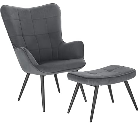 WOLTU Ohrensessel mit Hocker, Relaxsessel mit Polster, Dunkelgrau | Armsessel Vintage, Cordsamt, Schaumstoff, Metall, für Wohnzimmer Schlafzimmer Balkon, bis 100 kg