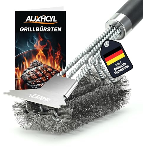 AUXHCYL Grillbürste Edelstahl, 3-in-1 Grill Bürste mit Schaber, PP Wärmedämmung Drahtbürste Grill, 45.5cm Extra Langer Edelstahl BBQ Grills Reinigungsbürste für Gasgrill, Holzkohlegrill, Grillrost
