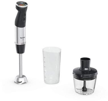 Tefal Quickchef+ 2-in-1 Stabmixer und Zerkleinerer, 1000 W, intuitive Geschwindigkeitsregelung, Turbo-Taste, Spritzschutz, Powelix-Messer-Technologie, Edelstahl, Schwarz, HB672830