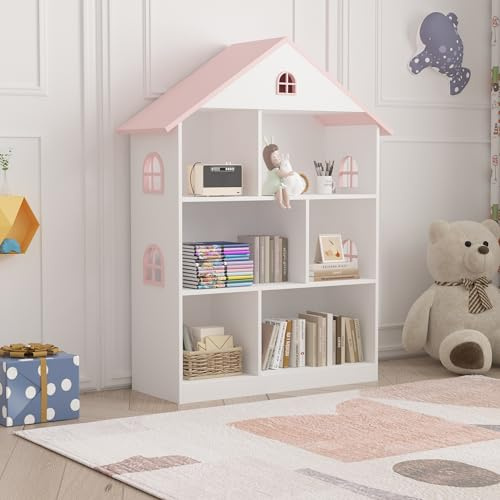 [en.casa] Kinderregal Vipsali Aufbewahrungsregal mit 6 Fächern Spielzeugregal 107 x 83 x 30 cm Kinderbücherregal Standregal Hausform Kinderzimmerregal MDF Weiß/Rosa