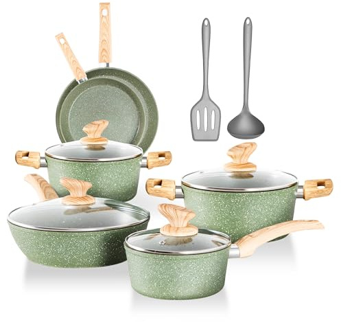 DishDelight Topfset Pfannenset Induktion Töpfe Set 12-teilige Granit-Antihaftbeschichtung Kochtopf Topf Pfannen für Induktionsherd Bratpfanne mit Glasdeckeln