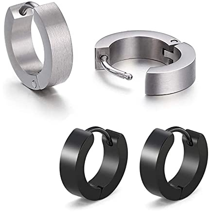LEEQ Herren/Damen Ohrringe Edelstahl Schwarz Silber matt 4 mm/12 mm Klassische Ohrringe 2stk, 4 Stück (1 Stück) Holz Metall Titan Silber, 4 Stück (1 Stück) Holz Metall Titan, 4 Unité (Lot de 1),