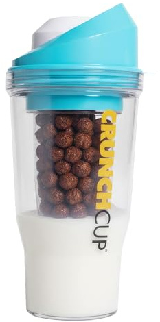 CRUNCHCUP Tragbarer Müslibecher To Go 260 + 250 ml für das gesunde Frühstück unterwegs, kein Löffel oder Schüssel nötig, für Müsli Milch Trinkjoghurt Proteinshake, Erwachsene Kinder, Größe XL, Blau