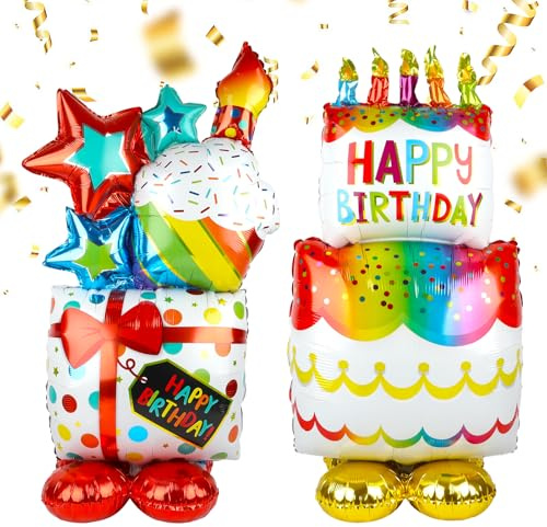 Folienballon Geburtstag XXL, 2 Stück Luftballon Geburtstag mit Stehenden Luftballon in Torten- & Geschenkform, Folienballon Happy Birthday für Kindergeburtstag, Partydeko Jungen & Mädchen, Erwachsene