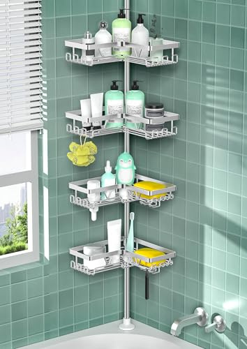 Duschablage ohne Bohren, Teleskop Duschregal von 25 bis 114 Zoll Edelstahl | Rustproof Dusche Caddy Corner mit 4 Körbe, No Drilling Telescopique Badezimmer Regal, Silber