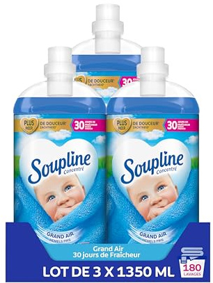 SOUPLINE Soupline Weichspüler, konzentriert, 3D, große Luft, Weichspüler, verbesserte Formel für mehr Weichheit, flüssiger Textilweicher, 3 x 1,35 l