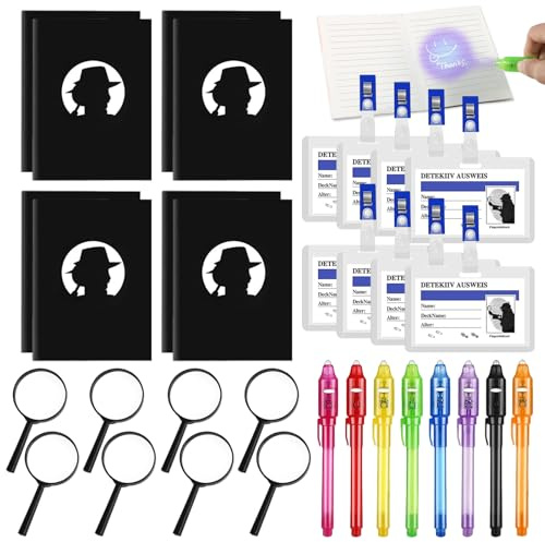 32 Stück Detektiv Set Kinder mit Lupe, UV Stift, Notizbuch, Detektivausweis | Detektiv Set Kinder mit Lupe, UV Stift, Notizbuch, Detektivausweis - Entdecker Set,Detektiv Kindergeburtstag Mitgebsel
