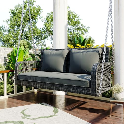 Merax Hängeschaukel 2-Sitzer, PE-Rattan Gartenschaukel mit Sitzkissen & Ketten, Hängebank Hollywoodschaukel Schaukelbank Gartenbank, Doppelschaukel für Garten Balkon Veranda, bis 320KG, Grau