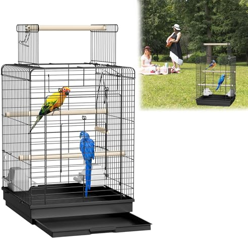 ORHEYA Vogelkäfig mit Offenem Dach – Vogelvoliere für Wellensittiche, Papageien und Sittiche – Wellensittichkäfig inkl. Holzstangen und Futternäpfe, Vogelhaus Typ C