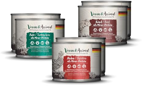 Venandi Animal - Premium Nassfutter für Katzen, Probierpakett I, Huhn, Pute, RInd, 6 x 200 g (6er Pack), getreidefrei und naturbelassen