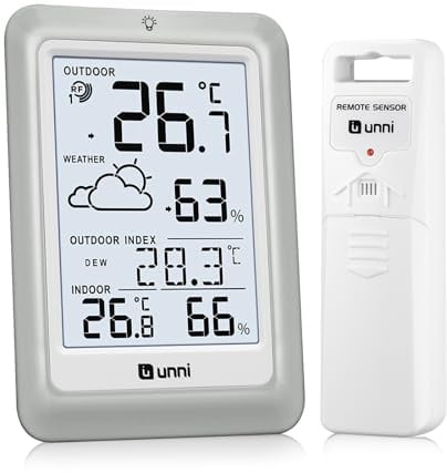 Funk Wetterstation mit Außensensor Batteriebetrieb, Wettervorhersage Funkwetterstation 100M, °C/°F & 2 Helligkeitsstufen Einstellung, Sensor and Backlight Display