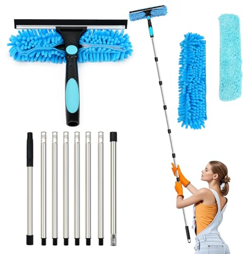 Lapluied 3,1M Fensterputzer Set, 3-IN-1 Fensterreiniger Set, Teleskop Fensterwischer 270° Drehbarer Bürstenkopf, Professioneller Teleskopstange Fensterreinigung für Innen/Außen Fenster, Auto Blau