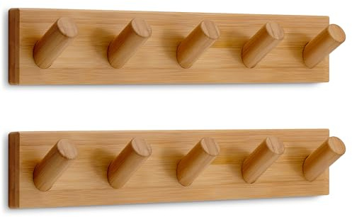 LARHN Garderobenleiste Holz (2 Stk.) - 5 Haken XL - 42 cm Garderobenhaken | Bambus, XL-Haken, Inkl. Montagevideo & Montagematerial, hält Mäntel, Jacken & Taschen, für Kinderzimmer, Flur & Diele