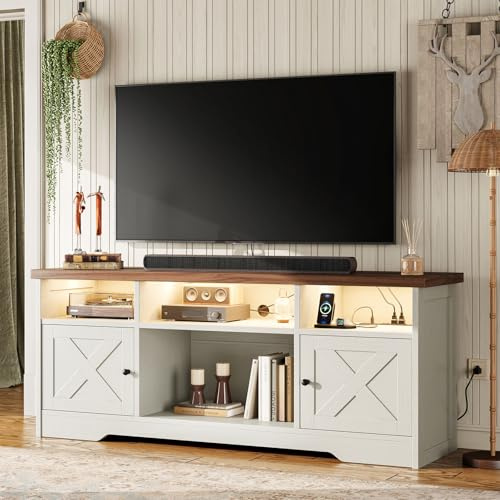 Coleshome TV Schrank, Lowboard mit Steckdosen, USB und LED, TV Board mit 4 Offenen Fächern und 2 Schränken Eignet er Sich, Fernsehtisch für Wohn- und Schlafzimmer, 150 x 35 x 65cm, Weiß und Walnuss
