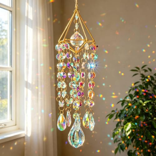 Vergoldet Kristall Sonnenfänger Windspiel für Garten Fenster | Handgefertigter Regenbogenmacher, Lichtfänger Outdoor Windspiel mit Buntglas, Boho Kristall Anhänger Deko zum Aufhängen