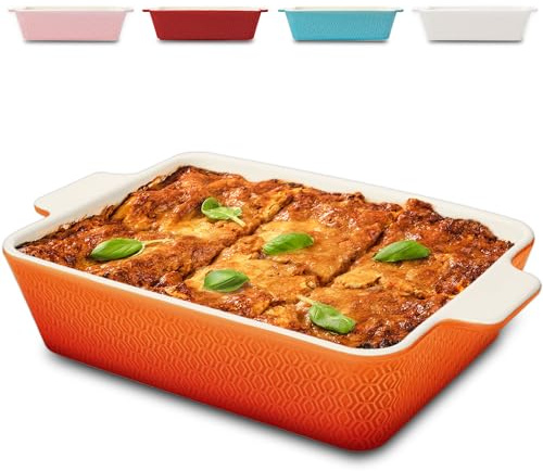 Praknu Auflaufform Groß - Lasagne Auflaufform aus Keramik - Extra Hoher Rand - Ofenform Für Tiramisu & Auflauf - Lasagneform- Orangerot