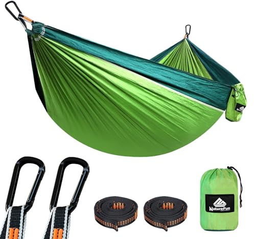 NATUREFUN Ultraleichte Reise Camping Hängematte | 300kg Tragkraft (275 x 140 cm) Atmungsaktiv, Schnelltrocknendes Fallschirm Nylon | 2 x Premium Karabiner,2 x Schlingen| Drinnen Draußen Garten