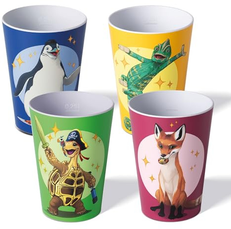 AWAVE Die Schule der Magischen Tiere Kinder Trinkbecher Set 4-teilig 250 ml rPET, Fuchs Rabbat Pinguin Juri Schildkröte Henrietta Chamäleon Caspar, Kinderbecher BPA Frei Stapelbar Mehrweg Eichstrich