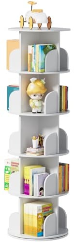 ybaymy Drehbares Bücherregal 5 Ebenen Standregal Büroregal Dekoregal | 360 Grad Drehbar Bücherregal Lagerregal für Schlafzimmer und Wohnzimmer, Weiß