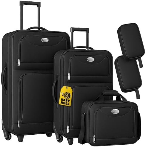 MONZANA 4-teiliges Kofferset Weichschale Schwarz | leichtes Reisetaschen Set mit Kulturbeuteln, ineinander verstaubar, Netzfach, Teleskopgriff, Koffer, Trolleys, Rollen