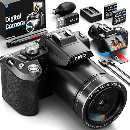 NBD 5K Digitalkamera 64MP mit Autofokus & 16X Zoom, 5K/30fps Video, 3 180° Drehdisplay, WiFi – Leichtes 500g Vlogging Kit inkl. 32GB Karte + 2 Akkus(Schwarz) - F