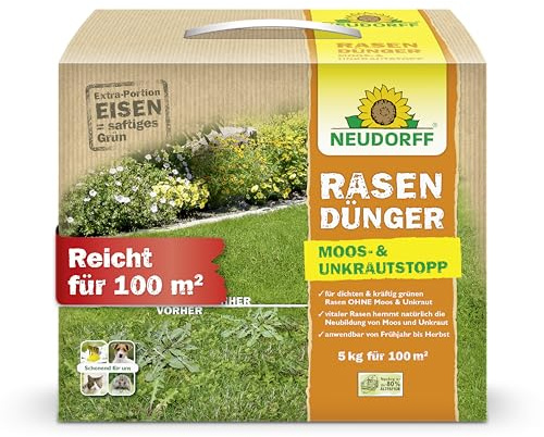 Neudorff RasenDünger Moos- & UnkrautStopp – Rasendünger mit Eisen und Kalium sorgt für einen dichten, grünen Rasen ohne Moos und Unkraut, 5 kg für 100 m²