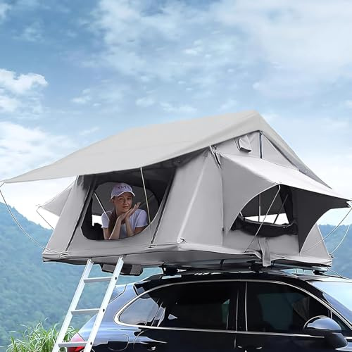 Dachzelt Auto, Dachzelt Auto für 2-3 Personen, Autodachzelt inkl 240 x 140 Matratze, Dachzelte fürs Auto mit Oberlicht, Wasserfest 3500mm, mit 2.1M Aluminium Leiter, Dachzelt für PKW, Bus, LKW, etc.